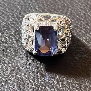 Purple Octagon Crystal Silver Plated Cocktail Ring